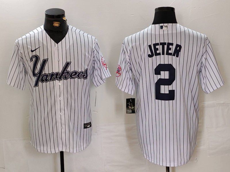 Men New York Yankees 2 Jeter White stripe Three generations of joint names Nike 2024 MLB Jersey style 1